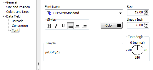 The font tab of the data field properties dialog. Here you can select the font from a drop down, determine the font size, font style, font color, lines per inch, and the angle of the text. 